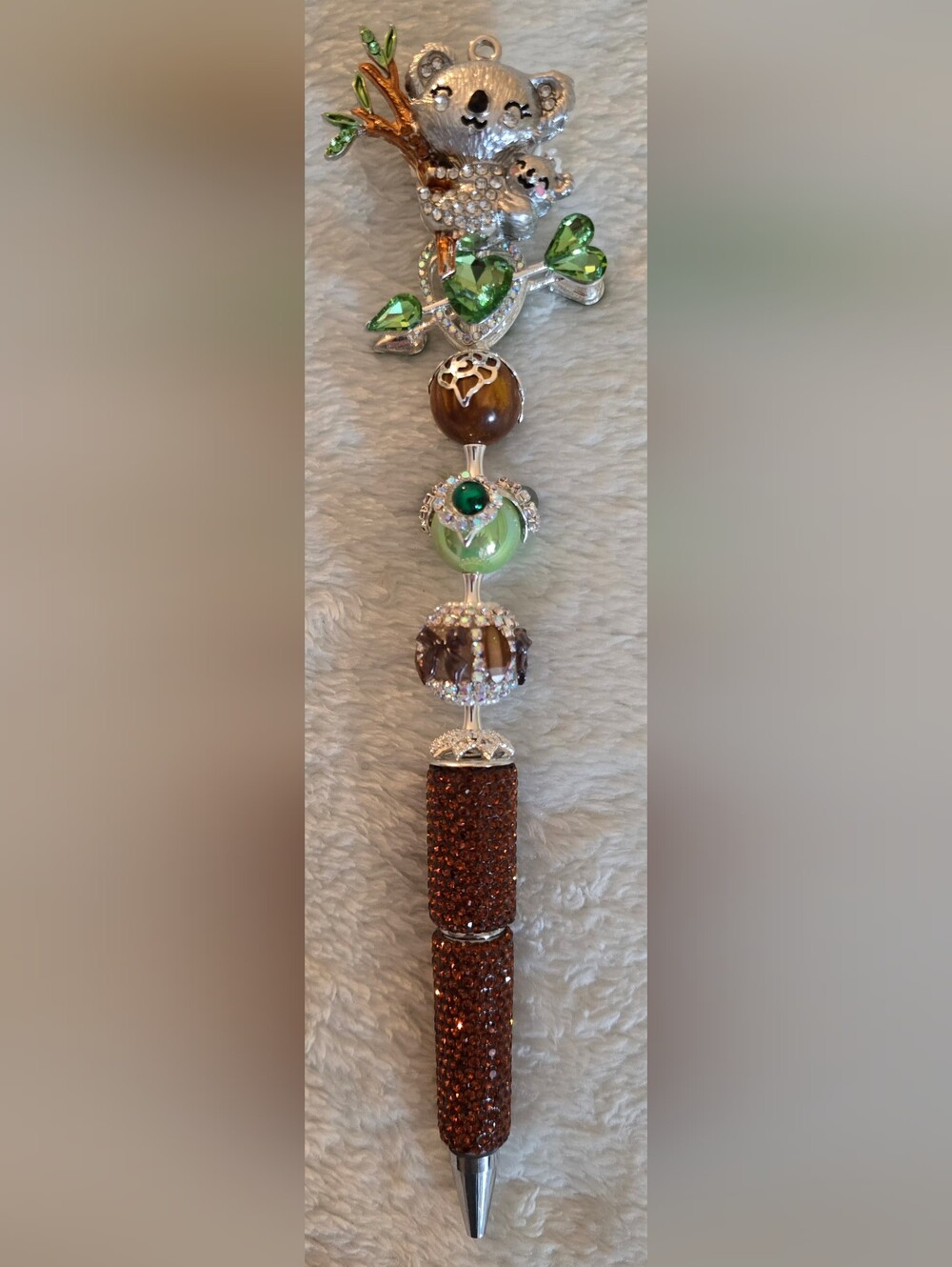 Sparkling Brown and Green Beaded Pen - Koala